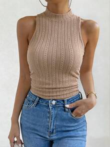Calvaya Mùa hè Đơn giản Và Đúng mốt Nhỏ bé Đứng cổ áo Textured Gầy Áo ba lỗ - Màu Khaki - Xem 6