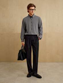 MENRIVO Camisa casual de negocios con botones delanteros de unicolor para hombre, de manga larga, para otoño - Gris Claro - Ver 7