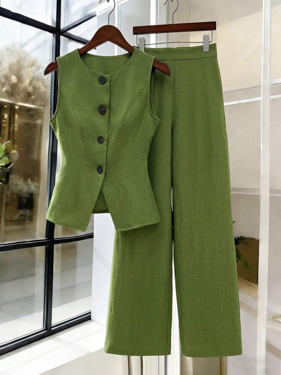 GlowEve Women's Solid Color Single-Breasted Vest With Casual Pants 2 Pieces Set, Suitable For Commuting And Office - Army Green - View 1