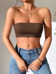 SHEIN PETITE 女款性感純色短版抹胸上衣，適合夏季，小碼女款 - 棕色 - 查看 5