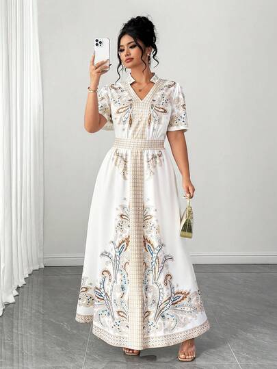 SHEIN Tall CURVE Đầm maxi dáng chữ V ôm sát, thanh lịch, cỡ lớn, thiết kế xòe chữ A phối nhiều mảng màu giúp tôn dáng, phù hợp cho mặc hàng ngày, hẹn hò, đi chơi, du lịch và chụp ảnh.