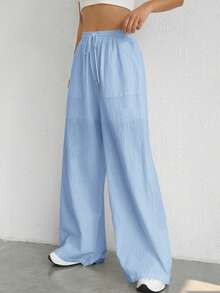 SHEIN Tall CURVE Plus Size Drawstring Waist Wide Leg Pants Fall - Baby Blue - View 4