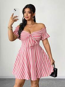 SHEIN Elenzya Plus Size Short Sleeve Pink Casual Cute Shift Dress, Fashionable Commuting Vacation Summer - Pink - View 4