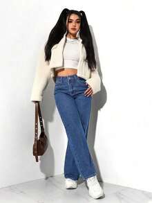 Plus Size Women Loose Fit Pockets Wide Leg Casual Jeans - Dark Wash - View 4