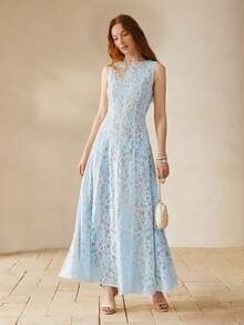 MOTF PREMIUM WOMEN'S LACE PANEL DESIGN ROUND NECK SLEEVELESS WAIST GATHERED ELEGANT ROMANTIC EVERYDAY DRESS - Baby Blue - View 1