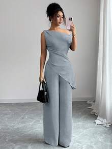 SHEIN Tall Bộ đồ nữ mùa xuân/hè mới, 2 món, kiểu dáng tối giản thanh lịch, phù hợp công sở/thường ngày, áo sơ mi xếp ly lệch vai + quần, màu xanh navy. - Màu Xám nhạt - Xem 5