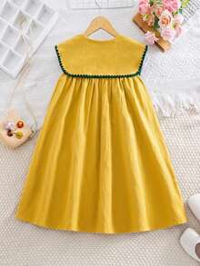 SHEIN Tween Girls/Tween Girl Girls Pastoral Floral Embroidered Pattern Ruffle Collar Puff Sleeve Dress,Versatile Round Neck Trim Contrast Color - Yellow - View 6