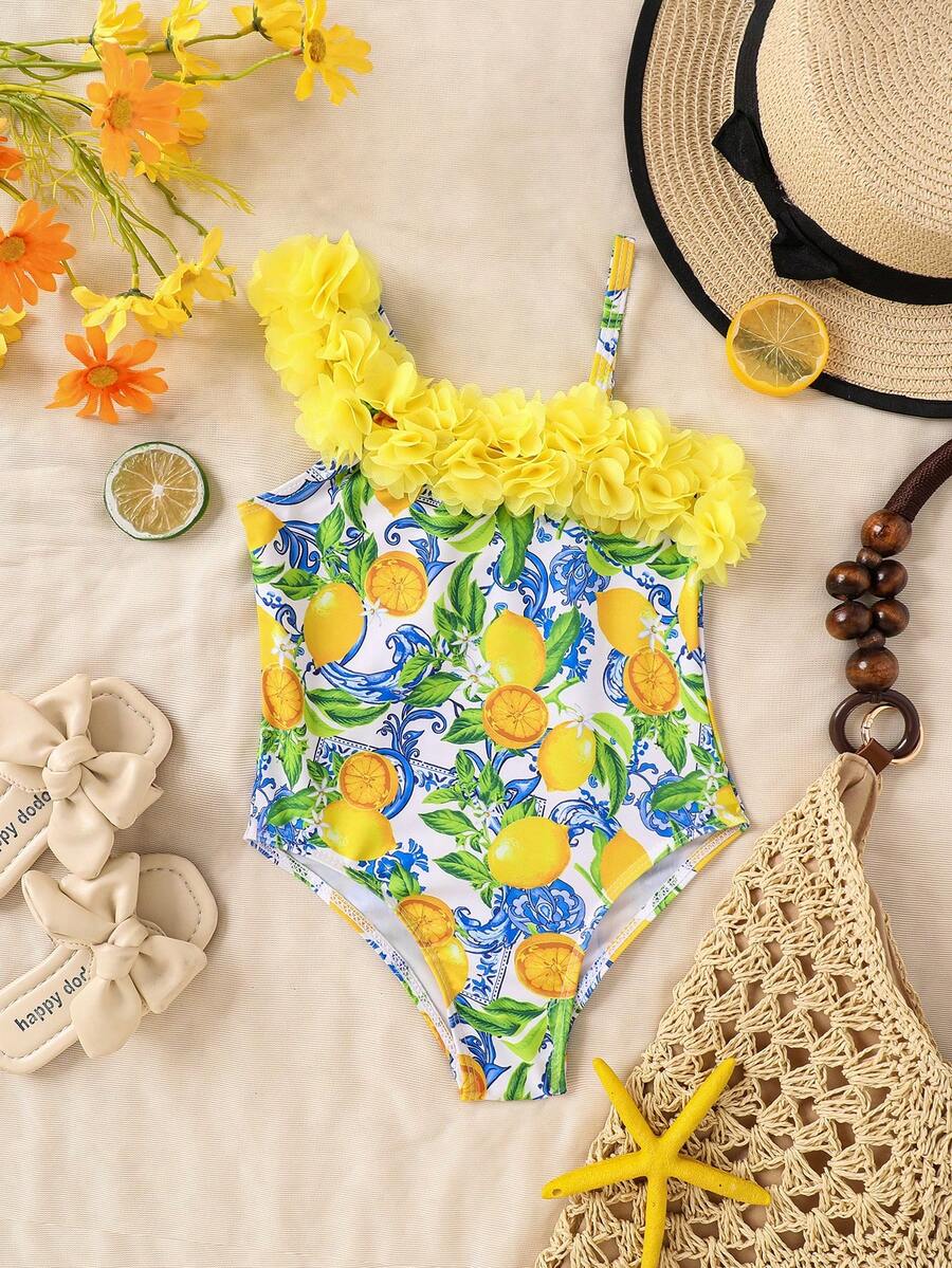 SHEIN Emery Rose Kids Bộ đồ bơi liền thân họa tiết hoa 3D dễ thương cho bé gái, in hình chanh vàng kỹ thuật số, thích hợp cho bé gái mặc cùng anh chị em, đồ bơi đôi, đồ bơi tankini, áo khoác ngoài đồ bơi, đồ bơi liền thân in hình chanh với chi tiết bèo nhún, đồ đi biển mùa hè. - Màu vàng - Xem 1