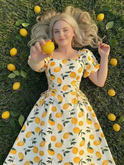 SHEIN MOD Vestido largo de manga abullonada con estampado de frutas vintage, talla grande, con lazo en la cintura, adecuado para salidas y vacaciones, primavera/verano