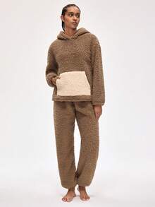 Rest Era Women's Casual Colorblock Kangaroo Pocket Teddy Fleece Hoodie And Drawstring Pants Fluffy Loungewear Set, Autumn/Winter - Khaki - View 1
