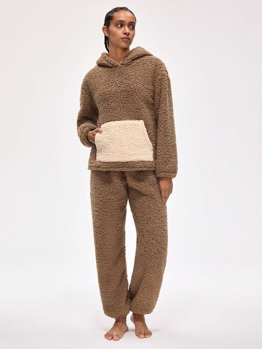 Rest Era Women's Casual Colorblock Kangaroo Pocket Teddy Fleece Hoodie And Drawstring Pants Fluffy Loungewear Set, Autumn/Winter - Khaki - View 1