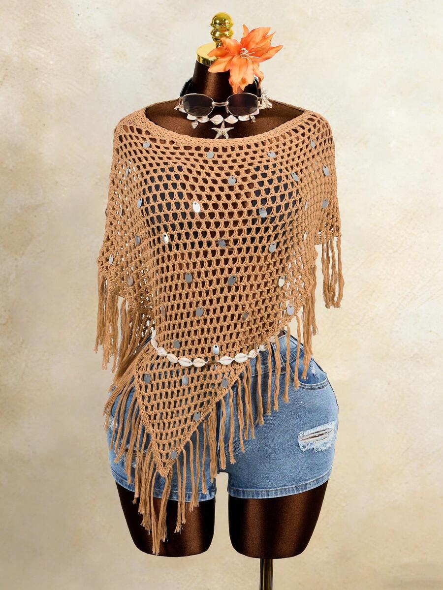 Swim Vcay Bufanda triangular tejida con lentejuelas hecha a mano, capa de hombro con flecos y hueca de moda para mujeres - Camel - Ver 1