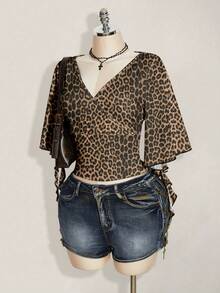 SHEIN ICON Vintage Leopard Print Ruffle Sleeve T-Shirt, Plus Size - Multicolor - View 3