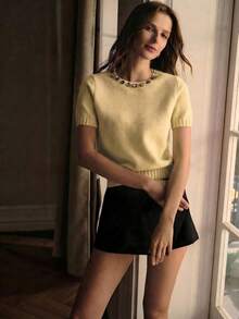 PREMIUM ÁO LEN NGẮN TAY NỮ ĐÍNH ĐÁ NHIỀU MÀU SẮC - Màu vàng - Xem 3