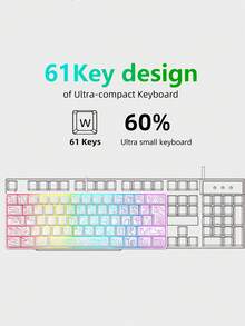 Teckwe 1 pieza Teclado de juego mini con 61 teclas, equipado con retroiluminación RGB real. Adecuado para jugadores de juegos de computadora, mecanógrafos, viajeros y viajes de negocios. Alimentación por USB - Ver 7