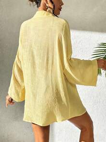 SHEIN Swim Women's Solid Color Single-Breasted Casual Versatile Vacation Beach Kimono Cover Up - Light Yellow - View 2