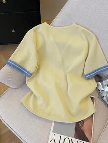 Selianne Áo khoác nữ dáng suông, thanh lịch, tối giản, có túi và tua rua, tay ngắn, thích hợp cho mùa hè. - Vàng nhạt - Xem 2