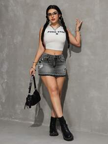 SHEIN PETITE Chân váy denim ngắn nữ kiểu dáng rách rưới, có túi và cúc, thời trang, đa năng, thích hợp cho hẹn hò và đi chơi. - màu đen - Xem 6