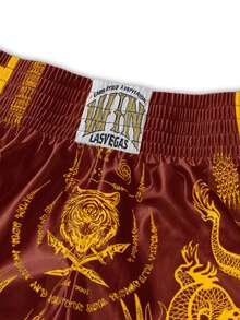 PAVTROS Conjunto de Shorts Masculina, Cintura Elástica, Alta Tolerância, Cintura Alta e Versão Curta, Super Shorts, Tecido Brilhante com Padrão "Dragão e Tigre Preto e Branco", Shorts de Boxe Tailandês, Shorts Esportivos Casuais de Basquete, Fendas Laterais - Vinho - Visão 3