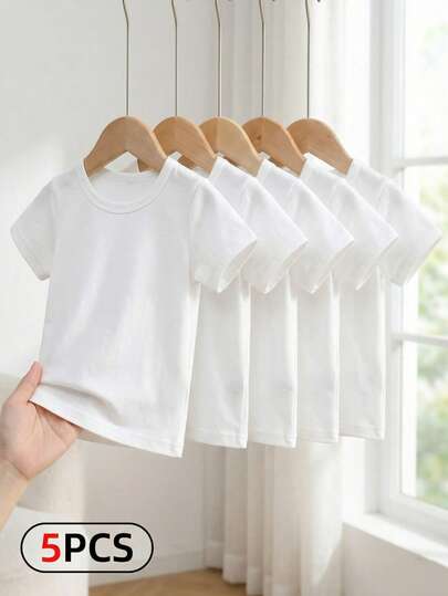 SHEIN Baby Boy Simple And Comfortable White Short-Sleeved Top 5-Piece Set For Spring/Summer