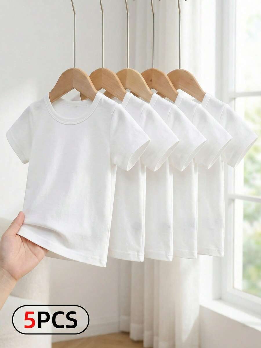SHEIN Baby Boy Simple And Comfortable White Short-Sleeved Top 5-Piece Set For Spring/Summer - White - View 1