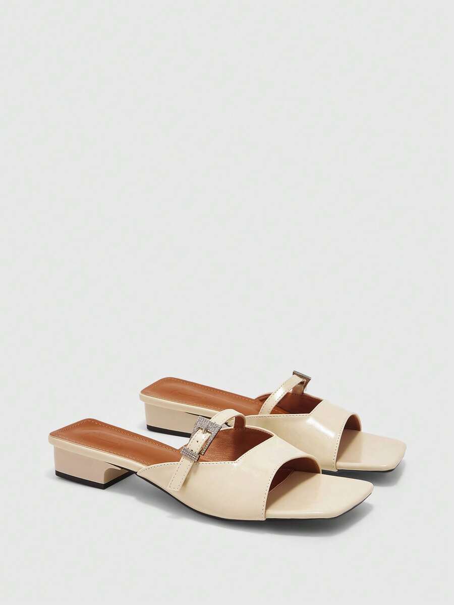 CUCCOO BIZCHIC 方头漆皮外套厚底中跟时尚搭扣女凉鞋 - 米色 - 查看 1