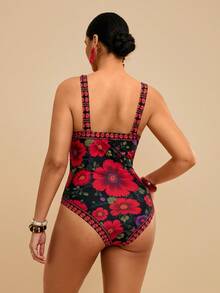 SHEIN TRVLCHIC 大码印花连体泳衣，适合海滩度假 - 黑色 - 查看 2