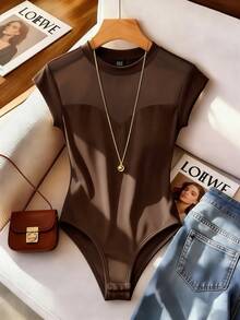 Lumivelle 女士时尚透视网纱立领连体衣带帽袖 - 棕色 - 查看 6