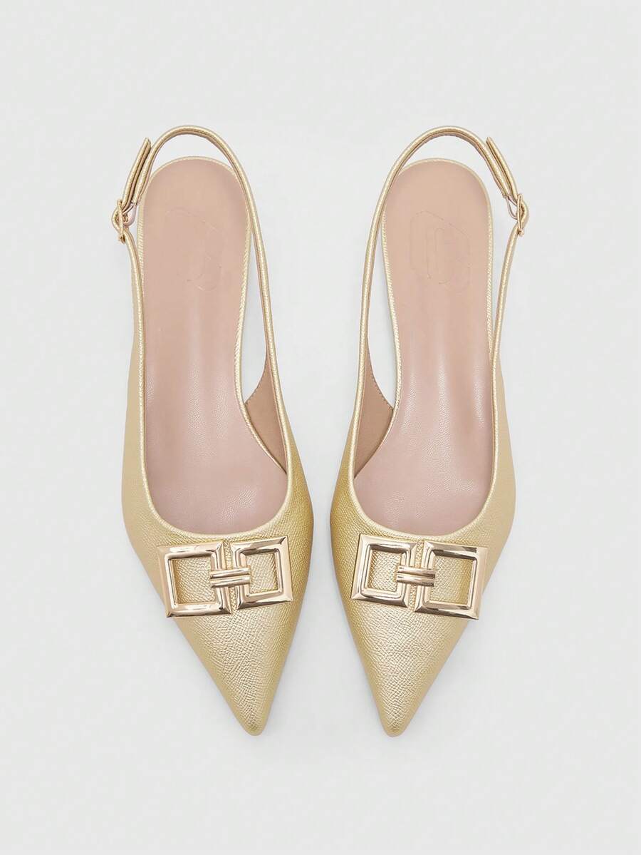 CUCCOO BIZCHIC Zapatos de mujer 2026 Primavera y Verano Nuevo Patrón de Palma Hebilla Cuadrada de Metal Puntiaguda Slingback Fondo Plano Versátil Zapatos de Mujer para Ir al Trabajo - Oro claro - Ver 1