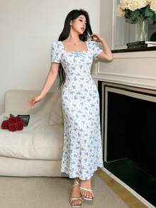 Feyla Women's Elegant Small Floral Print Bowknot Decor Backless Mid-Length Dress, Summer - Blue - View 6