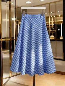 GlowEve 女士优雅格子A字裙 - 藍色 - 查看 3