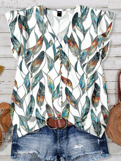 EMERY ROSE قميص نسائي كاجوال بأكمام مكشكشة مطبوع بنقشات، مناسب للصيف