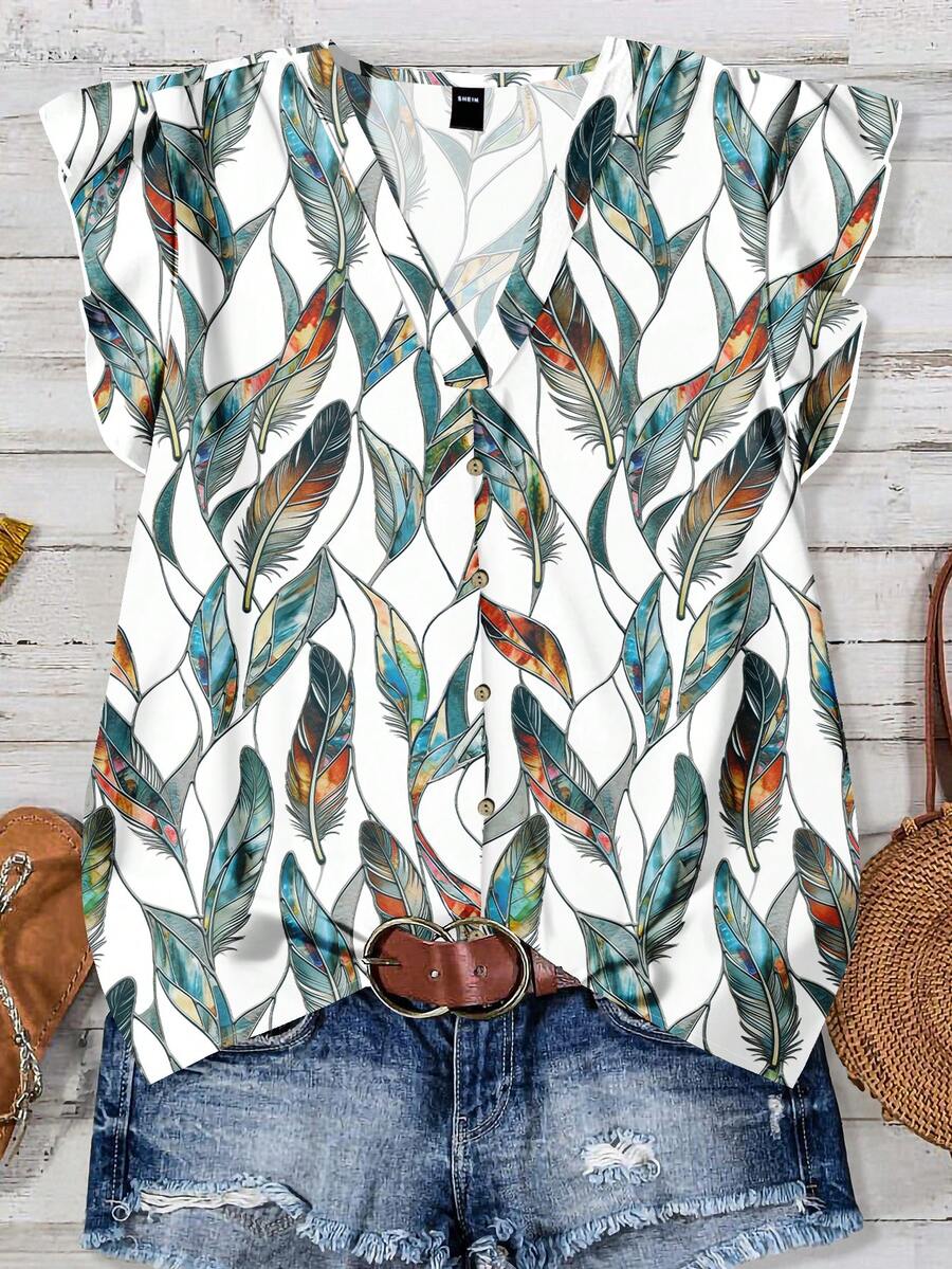 EMERY ROSE 女士休闲简约荷叶边袖印花衬衫，适合夏季穿着 - 彩色 - 查看 1