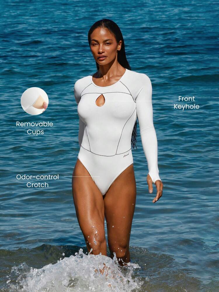 Chlorine-Resistant Deep Dive Long-Sleeve Mid-Length Crewneck Keyhole Front Surfwear One Piece Swimsuit Surfing Swimming Beach Pool Holiday Vacation Summer Wear