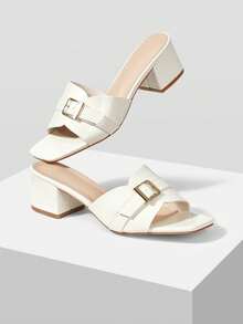 Mnmlis 女士夏季露趾粗跟凉鞋 高端小金扣高跟拖鞋 - 象牙白 - 查看 2