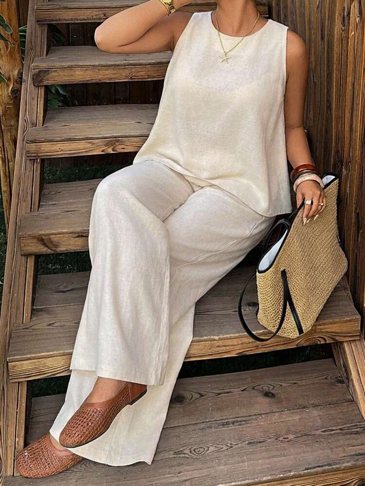 Dazy Plus 2pcs/Set Sleeveless Twist Back Top And Wide Leg Pants, Linen Vacation Style, Plus Size Women Spring/Summer