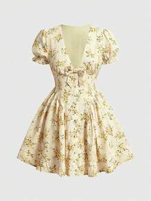 Sweetness Đầm búp bê nữ kiểu retro cung đình lãng mạn ngọt ngào cổ chữ V sâu thắt nơ tay cánh hoa - Vàng nhạt - Xem 5