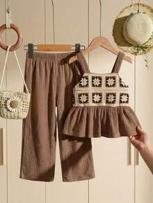 SHEIN 女童吊带背心和阔腿裤两件套，钩针吊带上衣搭配复古碎花裤，复古乡村风可爱休闲夏季套装 - 咖啡棕 - 查看 8