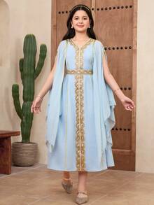 SHEIN 少女派对宴会开衩长袖拼接贴花腰部连衣裙 - 藍色 - 查看 3