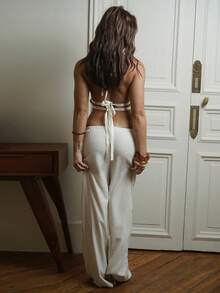 IamThia Top halter de unicolor con lazo en la cintura, estilo francés, pantalones anchos y fluidos de pierna ancha, conjunto de 2 piezas de moda para mujer - Albaricoque - Ver 2