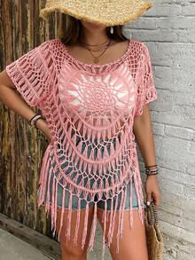 SHEIN VCAY Plus Size Women Solid Color Hollow Casual Versatile Knit Top For Daily Wear - Pink - View 4