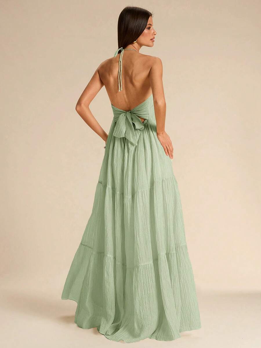 SHEIN BAE Sage Green Spaghetti Strap Backless Tie Bow Dress, Bohemian Tropical Boho Beach Vacation Holiday Long Textured Pleated Summer Dresses For Women - Mint Green - View 1