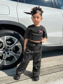 SHEIN 两件套女童炭灰色套头T恤和打底裤，休闲日常穿着套装 - 黑色 - 查看 3