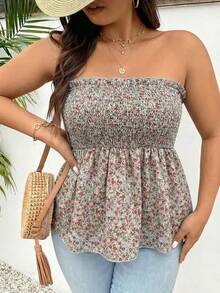 SHEIN Frenchy 大码女式碎花荷叶边抹胸上衣 - 綠色 - 查看 3