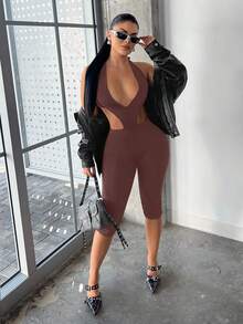 SHEIN SXY 女士纯色性感露背镂空连体裤 - 淺灰紫 - 查看 7