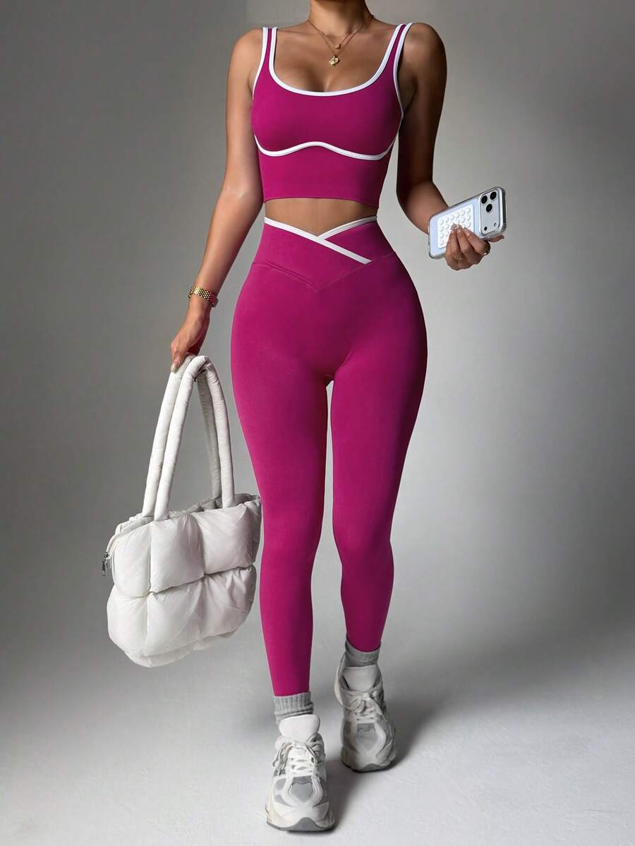 Dewbera 女士无缝撞色瑜伽运动服套装 - 中紫紅色 - 查看 1