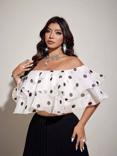 Viva Relle Áo croptop nữ cỡ lớn chấm bi lưới, trễ vai, viền bèo nhún đôi, thích hợp cho tiệc tùng và hẹn hò.