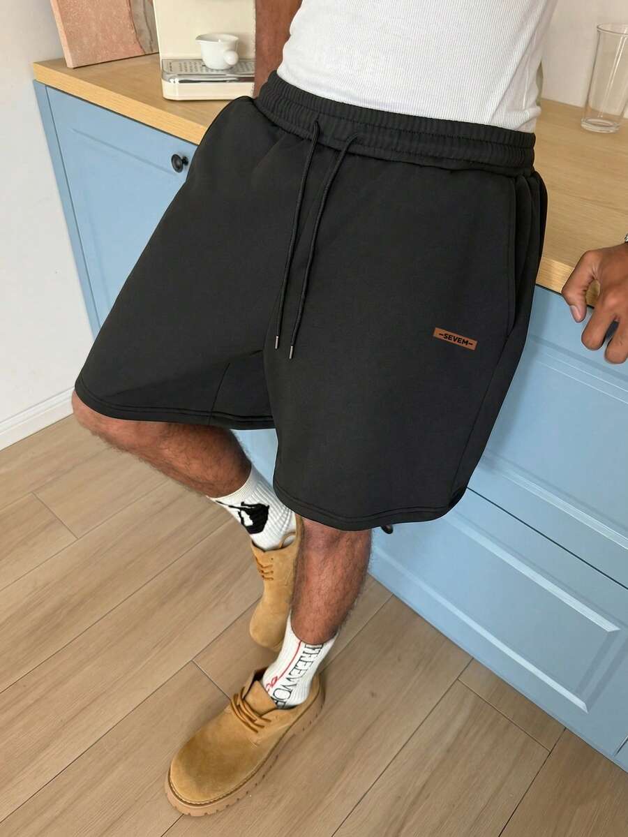 STEELVANCE 男士字母印花抽绳腰带口袋休闲短裤 - 黑色 - 查看 1