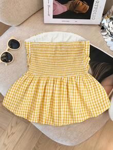 GlowEve Áo croptop dáng rộng kẻ caro màu vàng tươi dành cho nữ - Màu vàng - Xem 2