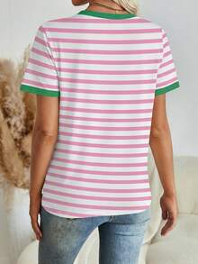 SHEIN LUNE Áo thun nữ dáng rộng cổ tròn tay ngắn, họa tiết sọc nhiều màu sắc, phong cách tối giản, thường ngày, dành cho nữ. - Nhiều màu - Xem 2